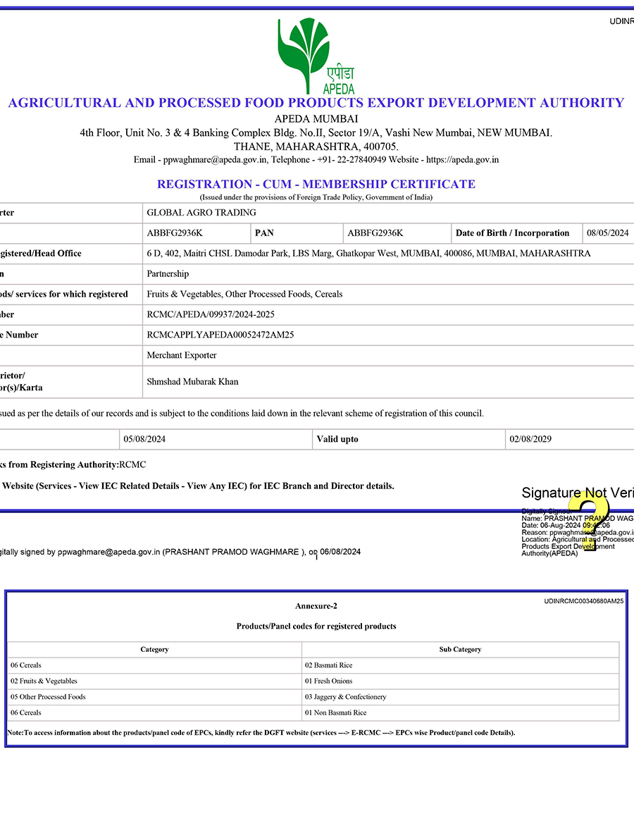 global agro trading apeda rcmc certificate